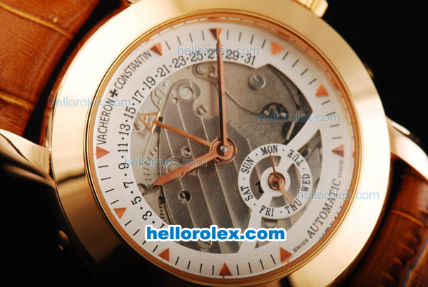 Vacheron Constantin Skeleton Automatic Movement White Skeleton Dial with Rose Gold Case and Markers -Brown leather Strap - Click Image to Close